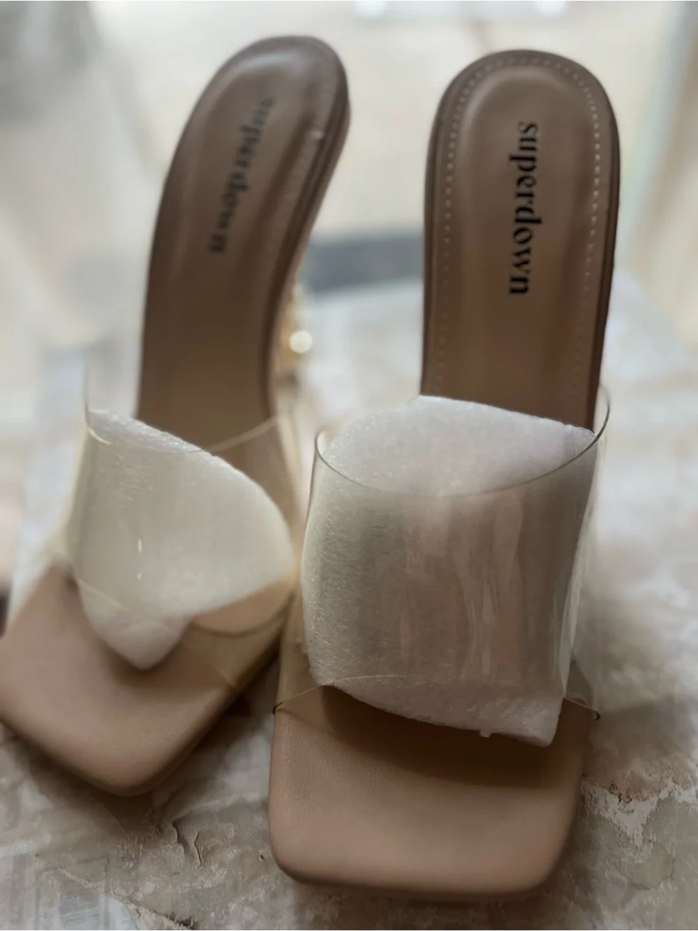 SUPERDOWN Clear Strap Nude Heeled Sandals with Gold AccenT